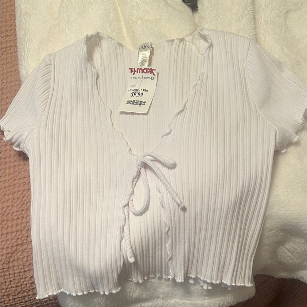 Bozzolo White Ribbed Crop Top with Tie-Front